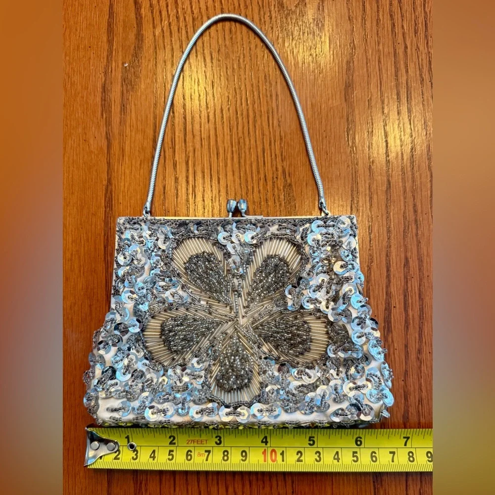 Evening Bag‎ Women Silver Beaded Sequin Floral Vintage Glam Regencycore Wedding
